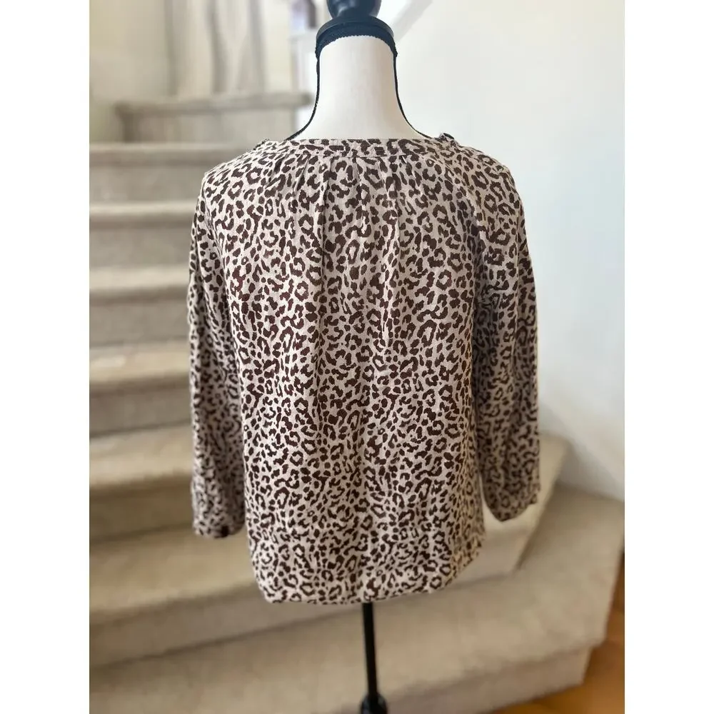 J.Crew Tan & Brown Leopard Print Linen Long Sleeve Peasant Blouse